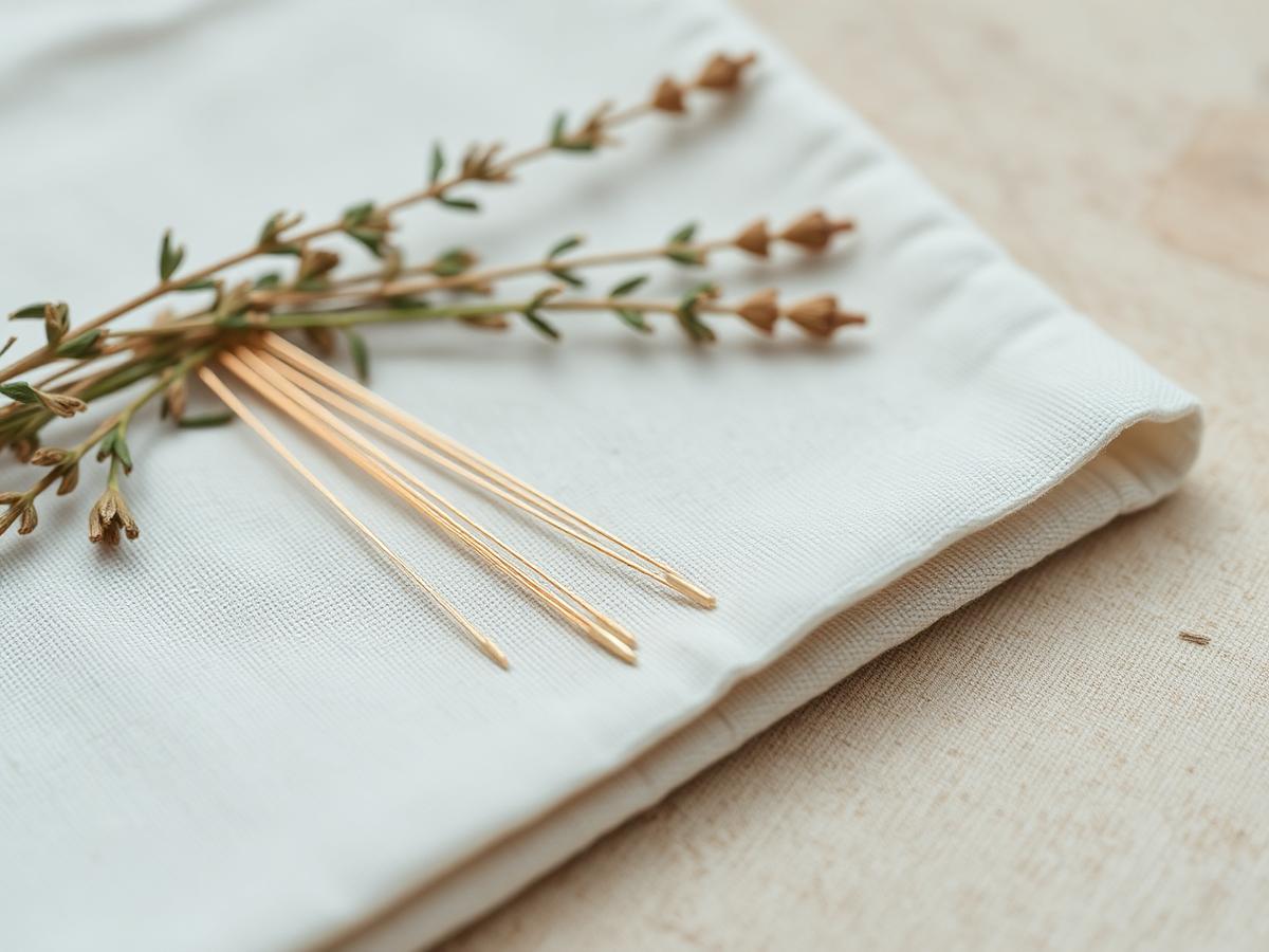 Acupuncture needles resting on folded white linen beside dried herbs